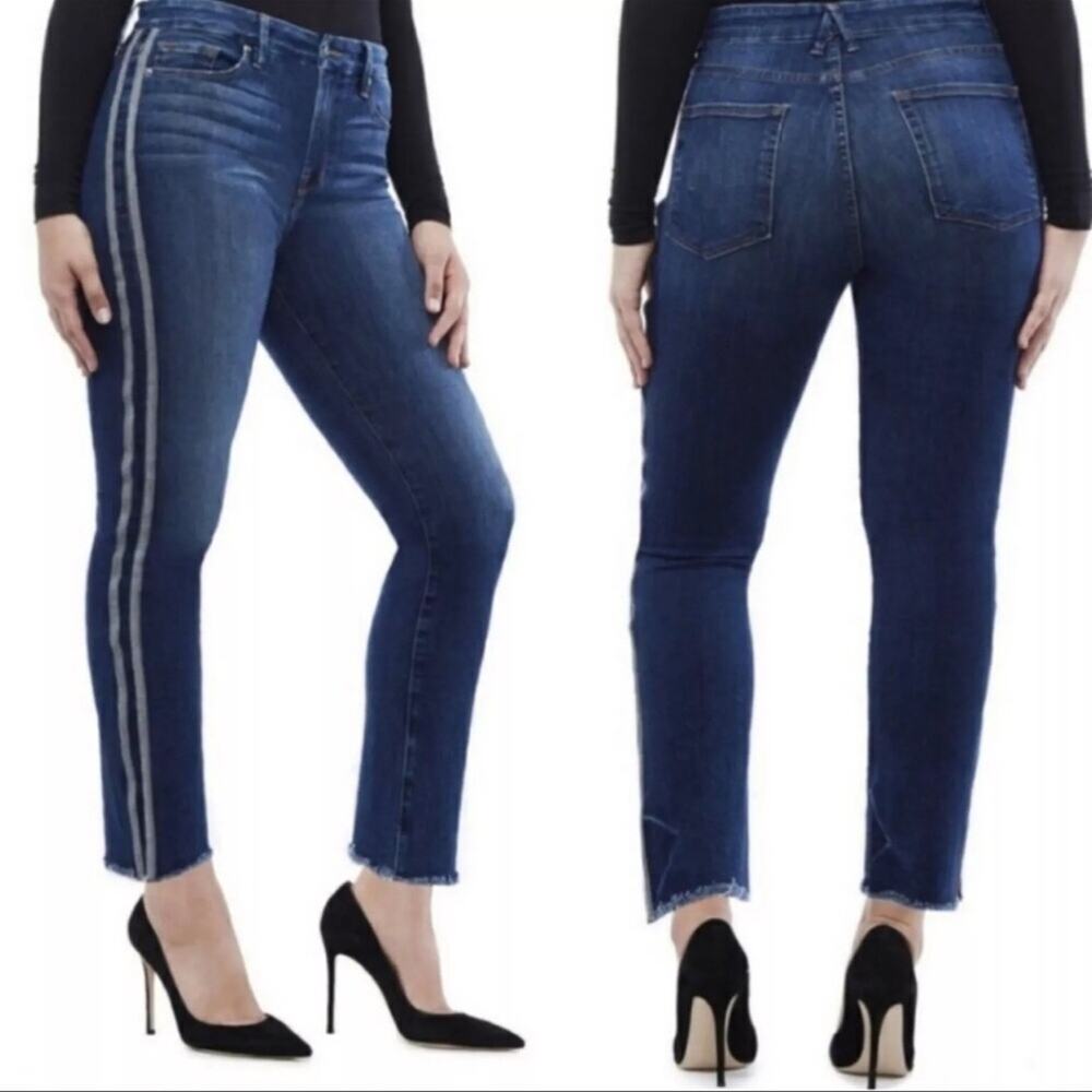 Good American Good Straight Jeans Side Stripe Raw Hem Dark Blue Size 20